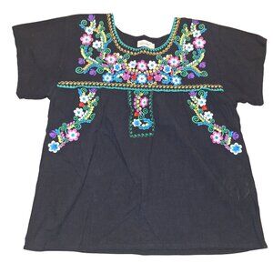 YZXDORWJ Colorful Embroidered Floral Black Boho Style Tunic Top Short Sleeve L